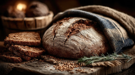 A close-up captures a loaf of fresh artisan bread, accompanied by several slices. The bread exhibits a rustic texture with a golden-brown crust. The composition features wooden surfaces, with the lighting creating a warm ambiance. Suitable for editorial and commercial purposes, this image evokes a sense of comfort and home.の素材