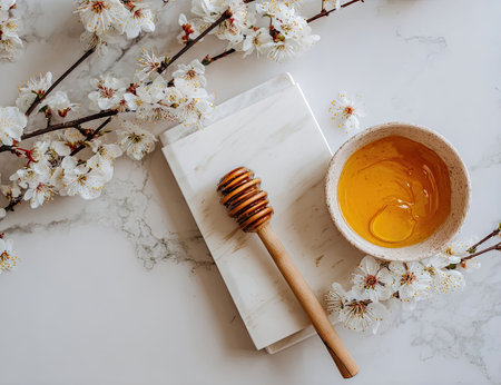 A wooden honey dipper and a small bowl filled with honey are featured in a still life arrangement. White paper and delicate white blossoms surround the objects. The composition is well-lit, with a soft, natural aesthetic. It may be suitable for food, health, or wellness-related articles.の素材