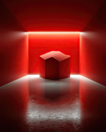 A vibrant red geometric sculpture sits within a modern, minimalist space. The composition emphasizes bold lines and strong shadows. The color palette primarily features shades of red and white. The interior is well-lit, providing visual impact. This image is suitable for artistic, design, or conceptual projects.の素材