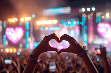 Two hands create a heart shape against a vibrant backdrop of stage lights. The composition highlights a concert environment with a large crowd and illuminated stage elements. The image features a shallow depth of field, with soft focus on the crowd, implying a lively atmosphere for events, editorial, or promotional applications.の素材
