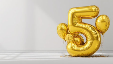 A large golden number five balloon is the central element against a light background. Additional smaller golden balloons are attached to the number. The image uses a studio lighting approach, creating shadows. This image is suitable for event promotions or anniversary projects, and similar commercial purposes.の素材