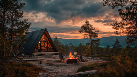 A cabin sits nestled in a forest landscape during dusk. An inviting fire burns, casting a warm glow on the surrounding area. The composition features a triangular cabin, trees, and distant mountains. This image could be used for promoting travel, tourism, or outdoor lifestyle themes.の素材