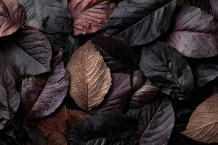 A close-up captures multiple overlapping leaves in shades of brown, purple, and black. The composition highlights textures and intricate details. The lighting creates subtle shadows. This natural arrangement evokes an autumnal atmosphere. The image could be suitable for various design projects and editorial content.の素材
