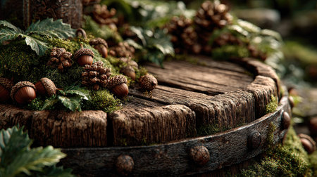 An aged wooden barrel is the central element, densely covered in vibrant green moss and adorned with various-sized acorns. The macro shot focuses on texture and natural elements with soft lighting. The image suggests a rustic, woodland setting, and is suitable for illustrating themes related to nature and harvest.の素材