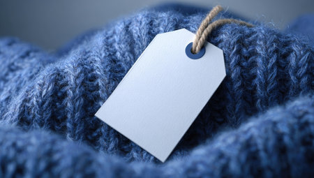 An overhead shot reveals a white blank tag tied to a blue knitted fabric. The textile has a textured pattern. This studio image showcases soft lighting. It is suitable for design mockups, presentations, and product promotions. The background is slightly blurred.の素材