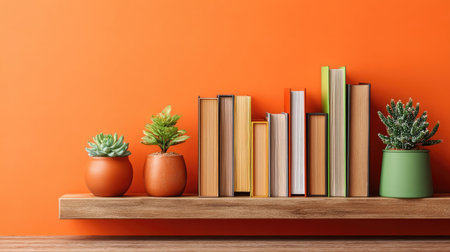 An assortment of books and small potted plants are displayed on a wooden shelf set against a vibrant orange backdrop. The composition features a row of books with varying heights alongside several small succulents. The scene is well-lit, suggesting an indoor setting and is suitable for various commercial uses.の素材