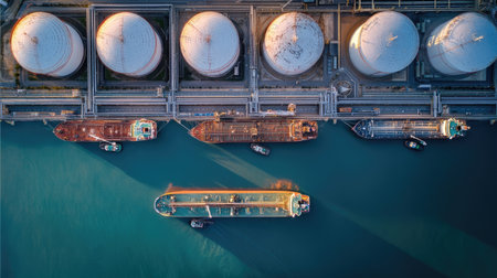 An overhead shot showcases industrial storage tanks and cargo ships floating on teal water. The composition highlights geometric shapes and contrasting textures. The vessels are docked. This image could be used in various commercial applications related to industry, shipping, or environmental themes.の素材