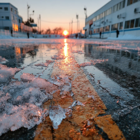 A low-angle shot presents a frozen surface featuring a central line illuminated by sunlight. The scene includes patches of ice and snow contrasting with the textured ground. Buildings are in the background, possibly indicating an industrial area, captured during daylight. Suitable for commercial or editorial applications.の素材