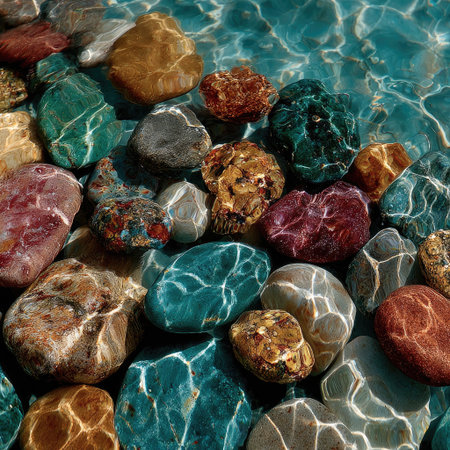 An overhead view reveals an array of colorful pebbles submerged in clear water. The scene showcases an artistic arrangement of stones with various hues, textures, and sizes. Sunlight reflects through the water, creating patterns on the stones. This image could be used for decorative elements or design projects.の素材