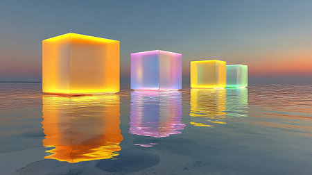 Four illuminated, translucent cubes float on a calm water surface, reflecting the vibrant colors. The cubes transition from yellow to purple to green, set against a soft sunset sky. The scene exhibits a modern digital art style with symmetrical composition and soft lighting. Suitable for digital art, design projects, and abstract visual concepts.の素材