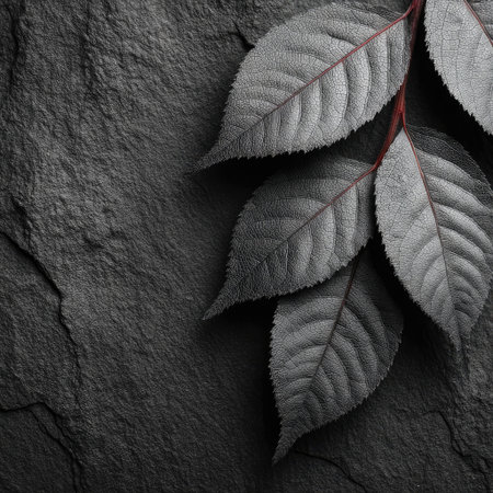 This image features a detailed view of several gray leaves with red stems, set against a dark, textured background. The composition highlights the natural shapes and colors. The lighting creates subtle shadows. Suitable for use in design projects, advertising, or as a decorative element.の素材
