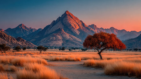 An eye-level view captures a vast landscape dominated by a towering mountain range. The scene is illuminated by warm, golden sunlight that casts long shadows across the open field. A lone tree stands prominently, its foliage a striking contrast against the dramatic sky. Suitable for various applications, including print or digital media.の素材