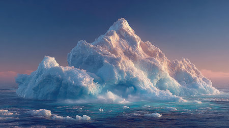 An isolated iceberg dominates the frame, its icy surface reflecting warm sunlight. The artwork depicts a serene ocean with floating ice pieces and a gradient sky. The scene, dominated by blues and whites, suggests a natural environment. It could be used for various commercial or editorial purposes.の素材