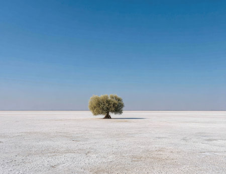 A solitary tree stands centered in a minimalist composition. The image showcases a contrast between the textured white ground and the clear blue sky. The visual simplicity and natural lighting create a tranquil atmosphere, suitable for various editorial and commercial applications. The scene evokes a sense of openness and vastness.の素材