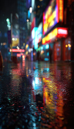 The image depicts a nighttime city scene with bright neon signs reflecting on a rain-slicked street. Colors include vibrant reds, blues, and yellows. The composition features a shallow depth of field, with soft focus on the background. This urban landscape could be suitable for various commercial or editorial applications.の素材