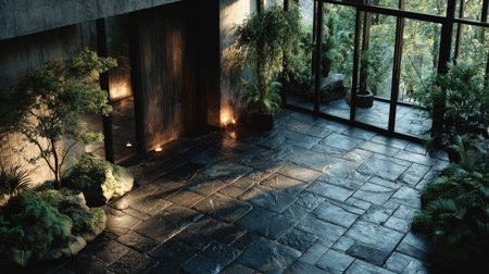 A contemporary interior space features lush greenery and large windows. The scene is bathed in natural light, illuminating stone flooring and architectural details. The image may be suitable for architectural, design, or lifestyle-related content. The composition offers ample copy space, making it appropriate for diverse editorial or commercial applications.の素材