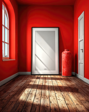 An interior shot features a room with bold red walls and a wooden floor, enhancing a sense of depth and contrast. A large empty framed poster stands as the focal point, while a red cylindrical vase adds a unique element. This scene can be suitable for a variety of creative and commercial applications.の素材