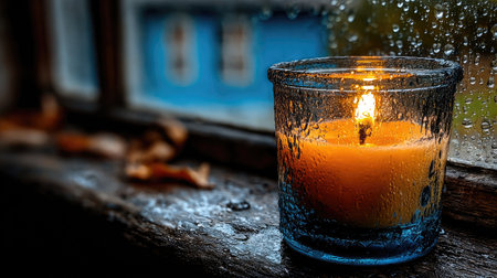 A close-up shot features a lit candle in a clear glass holder placed near a window. The candle emits a warm glow against a blurred background. Raindrops are visible on the windowpane, adding texture. This image could be suitable for a variety of projects, including advertising or editorial content.の素材