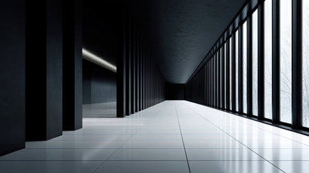 An interior shot showcases a long, contemporary hallway with dark vertical elements and floor. Large windows provide a glimpse of the exterior. The composition features a symmetrical design with a high-angle perspective, creating a sense of depth and space. Ideal for use in architectural projects and design publications.の素材