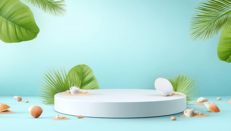 A circular white pedestal is centrally positioned in front of a soft teal background. Tropical green leaves and various shells are arranged around the pedestal. The scene features soft lighting, suggesting a bright day, suitable for product presentation and promotional visuals.の素材