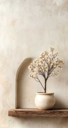 A delicate floral arrangement is displayed in a small ceramic vase on a rustic wooden shelf. The composition features a neutral color palette of beige and brown, with soft lighting enhancing the textures of the wall and the flowers. The image could be used for various commercial or editorial projects, including home decor or lifestyle content.の素材