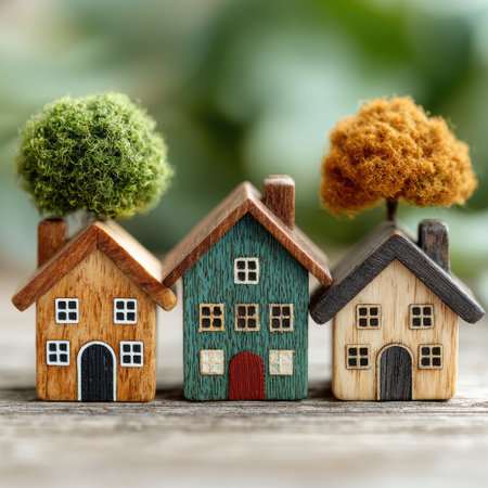 Three miniature wooden houses with attached trees stand against a blurred green background. The houses are in different colors, with visible windows and doors. The overall style is handcrafted, with a shallow depth of field. This image is suitable for various commercial uses, including illustrations of real estate or housing concepts.の素材