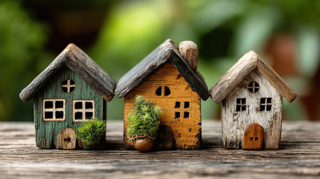 Three miniature houses, each with unique wooden textures and colors, sit on a weathered wooden surface. The houses feature small windows and doors, with one adorned with greenery. The background is a soft, blurred green. This image is suitable for various commercial uses related to home, environment, or conceptual ideas.の素材