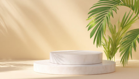 A minimalist product display features a white podium against a neutral background. The composition includes palm leaves, creating a tropical aesthetic. Soft sunlight casts shadows, enhancing the visual appeal. This image is suitable for showcasing products, advertising, or creating visual content for various commercial applications.の素材
