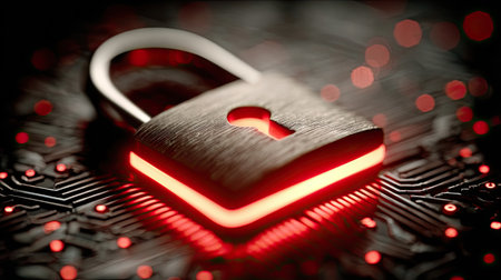 A close-up view displays a metallic padlock illuminated with a red glow, resting on a circuit board. The image highlights electronic components, featuring contrasting light and dark areas. It appears to convey a concept of protection and safety in a digital environment, suitable for various editorial and commercial applications.の素材