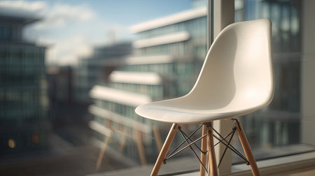 A minimalist white chair stands near a window, with a blurred cityscape visible through the glass. The scene features natural lighting and a shallow depth of field, emphasizing the chair's form. It presents a clean, modern aesthetic suitable for various commercial uses, including website design and interior decoration concepts.の素材