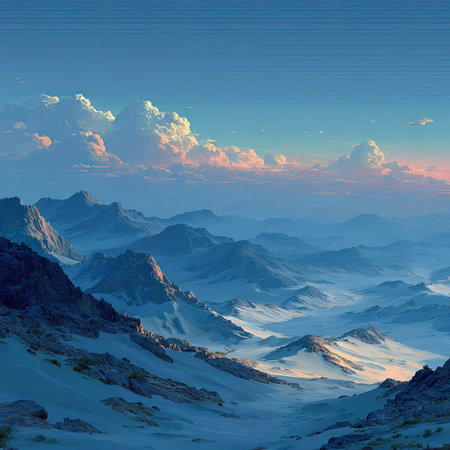 This image depicts a mountainous landscape beneath a sky filled with clouds. The scene is dominated by shades of blue and white, with the sunlight illuminating the peaks. The overall composition evokes a sense of vastness and tranquility, suitable for various editorial and commercial applications.の素材