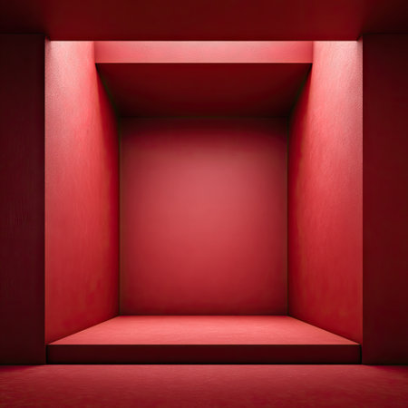 A minimalist interior space is depicted in shades of red, showcasing clean lines and geometric forms. The composition features a central, recessed area illuminated by overhead lighting, creating a focused and serene environment. This image is well-suited for various commercial applications, including marketing campaigns or editorial content related to design.の素材