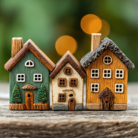 Three colorful miniature houses are arranged on a wooden surface with a soft, blurred background. They display various textures and shades of brown, green and orange, in a composition suggesting a tranquil setting. The image is likely suitable for illustrations on real estate, decoration, and home-related concepts.の素材