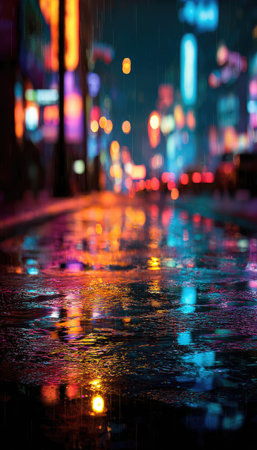 The image presents a vibrant night scene with reflections of neon lights on a wet street. The composition showcases various colors and a shallow depth of field. The image's dynamic lighting and mood are suitable for editorial and commercial applications.の素材