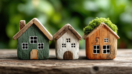 Three small, handcrafted houses of varying colors are arranged on a weathered wooden surface. The houses feature different textures and designs, with a blurred green background suggesting an outdoor environment. This image could be used for real estate concepts, eco-friendly living themes, or general design projects.の素材