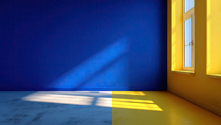This image presents a modern interior featuring contrasting blue and yellow walls, creating a vibrant visual impact. Sunlight streams through a window, casting dynamic shadows and illuminating the room. The composition suggests a clean, minimalist style suitable for various uses, including design projects or conceptual artwork.の素材