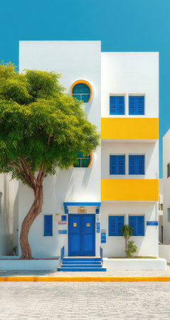 A contemporary three-story building features a stark white facade contrasted by vibrant blue doors and window shutters, with yellow bands. A lush green tree stands prominently in the foreground, creating a balanced composition under a clear blue sky. This image is suitable for various commercial uses, including architectural, design, or lifestyle contexts.の素材