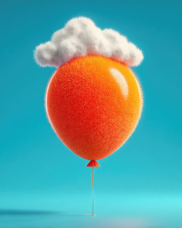 An orange balloon with a white fluffy cloud above it floats against a bright teal background. The image presents a clean and modern style with smooth textures and vibrant color. Suitable for visual concepts, it's ideal for a range of commercial applications like advertising or design projects.の素材