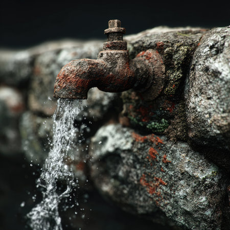 A close-up captures an antique, corroded faucet, seemingly embedded in a rough stone structure. Clear water streams forcefully from the tap, contrasting against the aged, textured surfaces. The image features a dark background, highlighting the faucet's details, and can be suitable for various editorial and illustrative projects.の素材