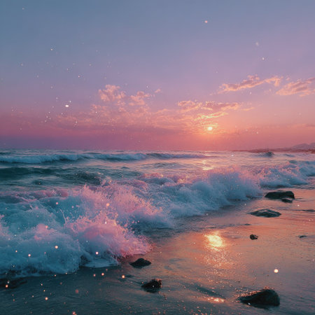 The image features ocean waves meeting a sandy beach under a colorful sunset. The sky displays pink and purple hues, reflecting off the wet sand and water. The composition highlights the water's movement and texture. Suitable for various projects needing a scenic view or evocative atmosphere.の素材