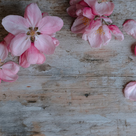 Pink blossoms and scattered petals rest upon a weathered, wooden surface. The composition features a natural lighting with soft shadows. The image showcases delicate textures, and is suitable for various applications, including website backgrounds, social media visuals, or design elements for print and digital materials.の素材