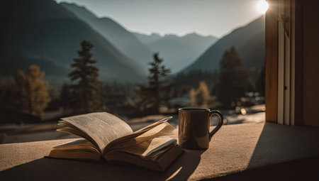 An open book and a coffee cup rest on a wooden surface, with a picturesque mountain range visible in the background. The composition features soft lighting and a warm color palette. This image is suitable for various commercial uses, including promoting literature or travel themes. The scene suggests a relaxed atmosphere.の素材