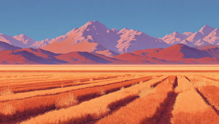 This image depicts a vast, sunlit field with rows of crops extending towards a horizon of imposing mountains. The composition features warm, earthy tones contrasting with a clear blue sky. It's an illustrative artwork with potential applications for various commercial and editorial projects.の素材