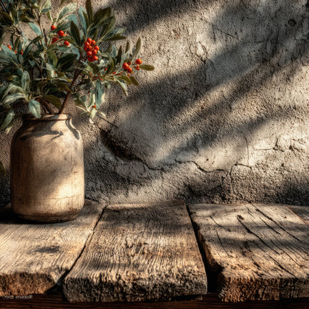 An aged vase filled with foliage rests on a weathered wooden surface. The textured wall provides a backdrop. Sunlight casts shadows across the scene, creating contrast. This image could be used for advertising, editorial content, or design projects seeking a vintage aesthetic.の素材