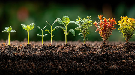 This image displays a sequence of plant growth stages, from initial seedlings to mature plants, emerging from dark, rich soil. The composition showcases vibrant green and orange foliage against a blurred natural background, illuminated by soft lighting. Suitable for illustrating concepts of growth, progress, and environmental topics, with potential for commercial applications.の素材