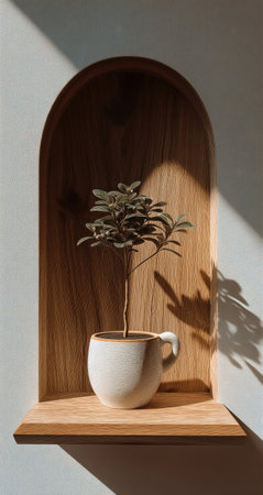 A small plant sits inside a white ceramic cup, placed within a wooden arched niche. Sunlight streams across the scene, creating strong shadows and highlighting the wood grain. The composition is simple, with neutral colors, possibly suitable for home decor, lifestyle, or design-related projects.の素材
