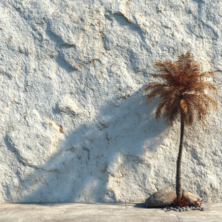 A single palm tree stands before a textured white stone wall, casting a long shadow. The composition features strong sunlight and contrast. This image could be used for various projects, including advertising or design applications. It offers a clean aesthetic and visual appeal.の素材