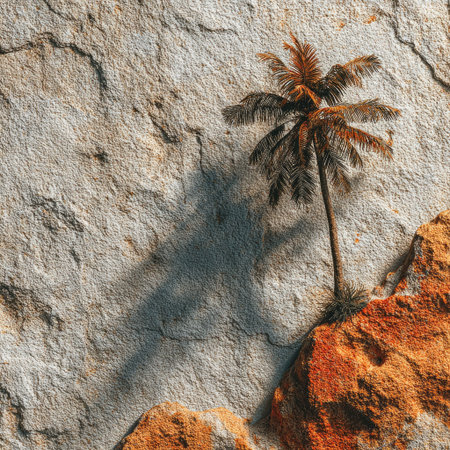 A single palm tree stands against a textured stone backdrop. The image features warm tones of orange and brown, contrasted by the cooler gray stone. Detailed textures and directional lighting create shadows. Suitable for use in various visual projects, including design and advertising.の素材