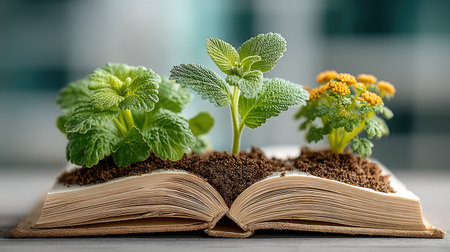 An open book cradles several small plants in this image, with green and yellow tones dominating. The composition shows the plants sprouting from dark soil, and the textures of the book and leaves provide contrast. This image could be used for educational, environmental, or conceptual projects.の素材
