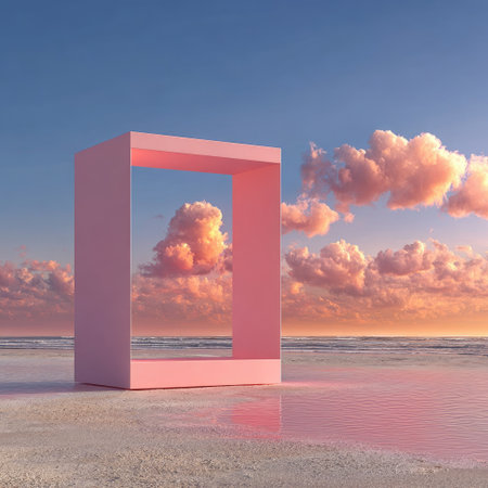 A pink rectangular structure stands on a sandy surface, reflecting a soft glow. The composition features a vibrant sky filled with fluffy clouds during sunset, creating a warm color palette. This image is suitable for various commercial uses, including advertising and digital design projects, offering a clean aesthetic.の素材